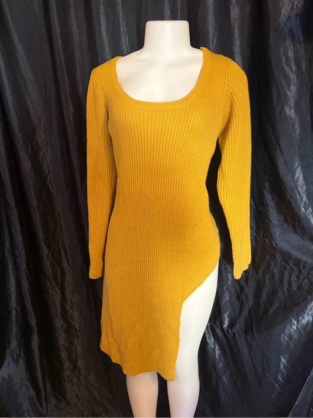 Ashley Stewart Mustard Yellow Asymmetrical Ribbed Sweater Dress